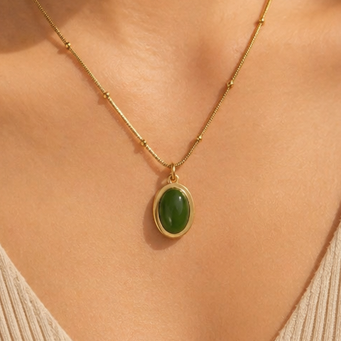 Green Oval Stainless Steel Pendant Necklace