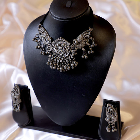 Antique Oxidised Silver Plated Choker Necklace Set