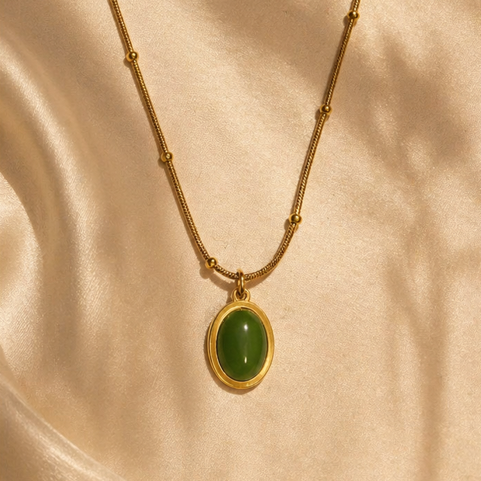 Green Oval Stainless Steel Pendant Necklace