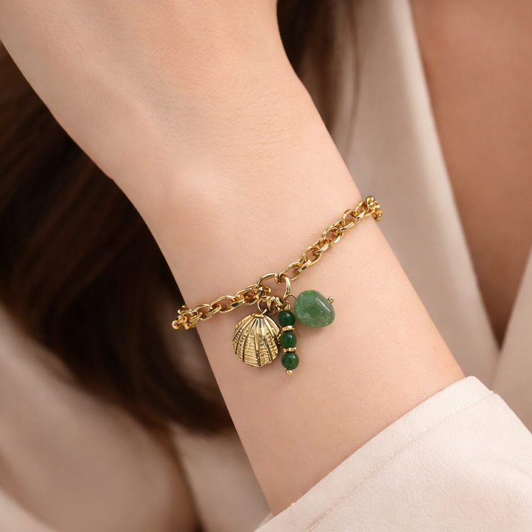 Sea shell and green bead charm bracelet