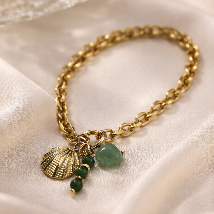 Sea shell and green bead charm bracelet