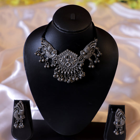 Antique Oxidised Silver Plated Choker Necklace Set